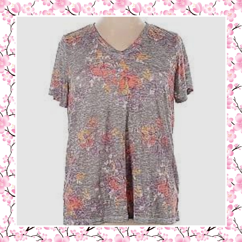 Mudd Short Sleeve V-Neck Tee in Gray with Pink and Yellow Floral